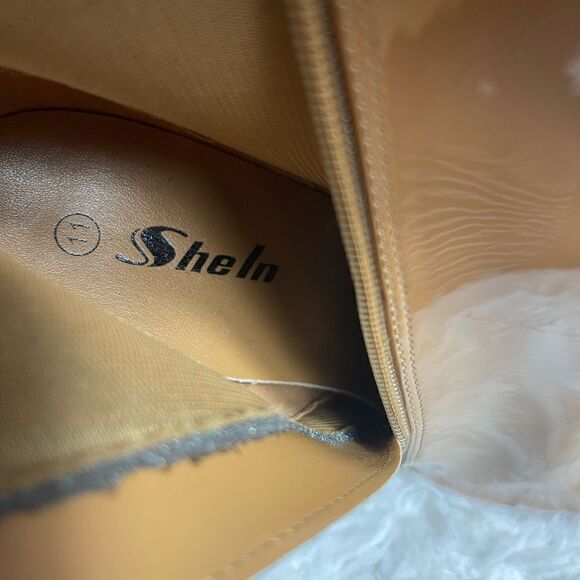 SHEIN Patent tan mid calf Boots pointed toe side zipper block heels size 11 - Picture 9 of 10